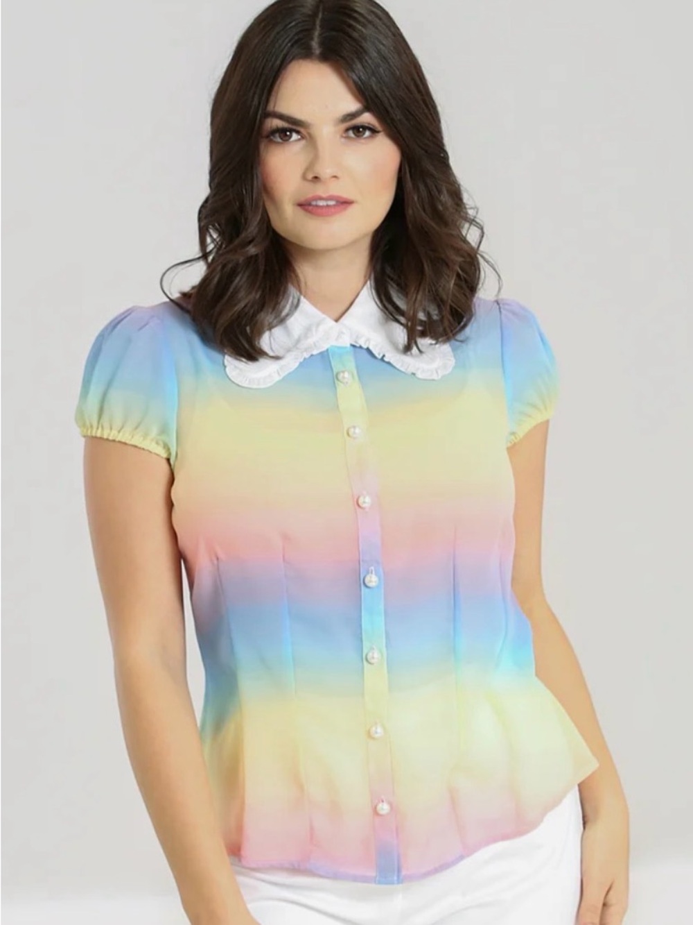 Hell Bunny Rainbow Tie-Dye Blouse with White Ruffled Collar